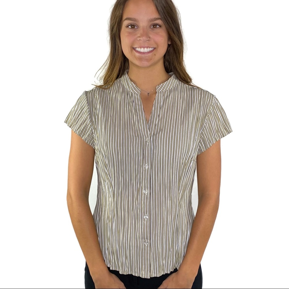 East 5th Petites Tan & Black Pinstripe Short Sleeve Shirt Medium - Picture 1 of 6